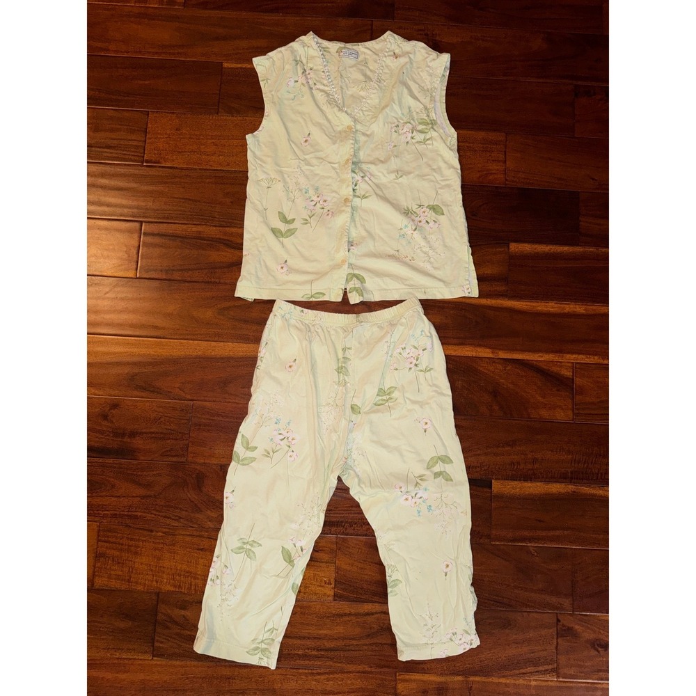 Anne Lewin NY VTG Pajama Set Womens Small Green Floral 100% Cotton 2pc Sleepwear